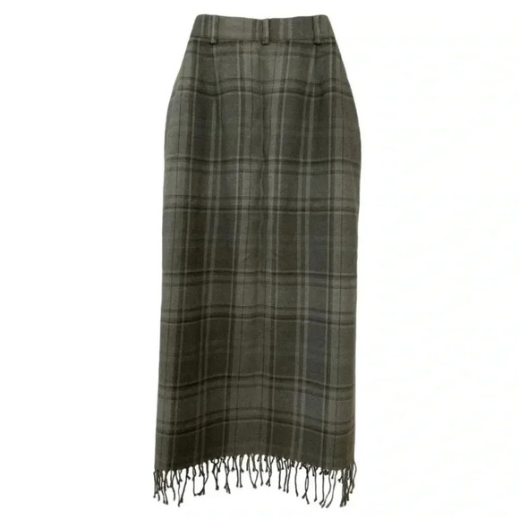 Ralph Lauren Women’s Vintage 80s 90s Olive Plaid Wool Fringe Preppy Skirt 10 - Picture 3 of 16